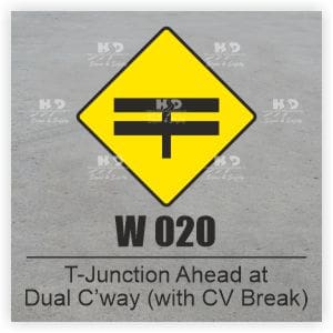 W020 - T-Junction ahead at Dual Carriageway (With Central Reserve Break)
